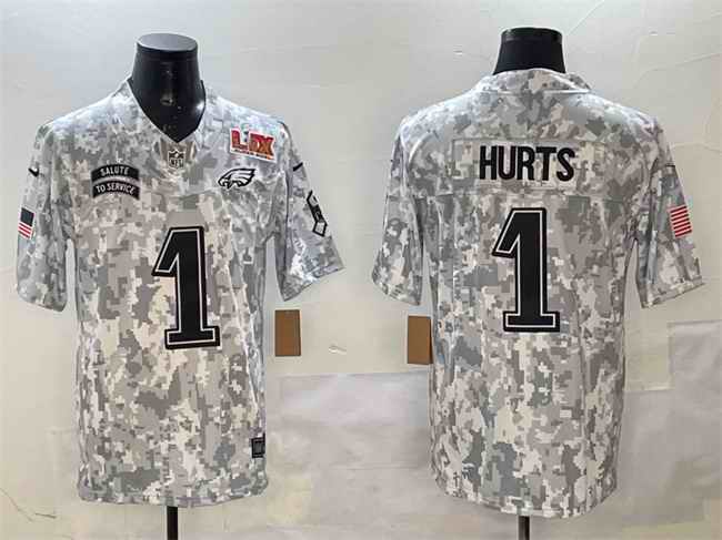 Men's Philadelphia Eagles #1 Jalen Hurts Arctic Camo 2025 Super Bowl LIX Patch F.U.S.E Salute to Service Limited Stitched Football Jersey